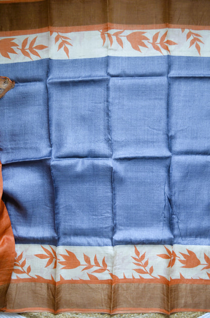 Grey Tussar Pure Silk Handloom Saree with Block Prints