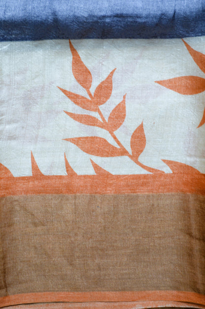 Grey Tussar Pure Silk Handloom Saree with Block Prints