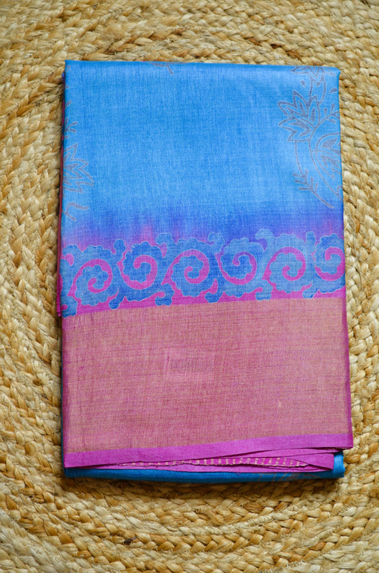 Cyan Tussar Pure Silk Handloom Saree with Block Prints