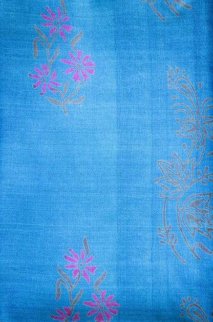 Cyan Tussar Pure Silk Handloom Saree with Block Prints
