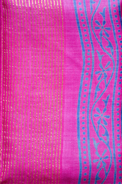 Cyan Tussar Pure Silk Handloom Saree with Block Prints