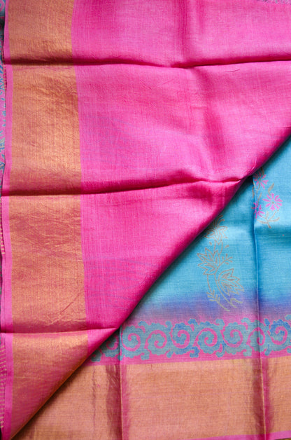 Cyan Tussar Pure Silk Handloom Saree with Block Prints
