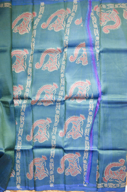 Cyan Dual Tone Pure Silk Sonamukhi Handloom Saree