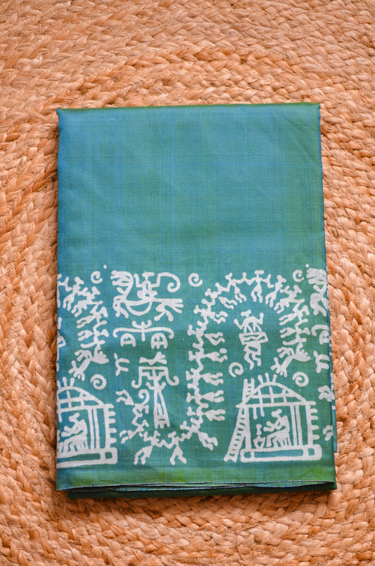 Teal Dual Tone Pure Silk Sonamukhi Handloom Saree
