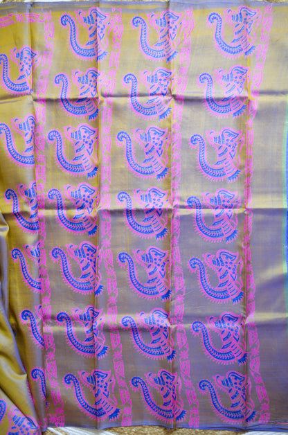 Indigo Gold Dual Tone Pure Silk Sonamukhi Handloom Saree