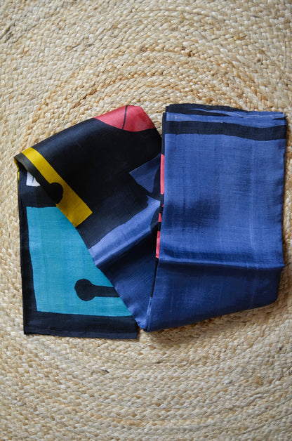 Slate Blue Block Print Pure Silk Handloom Saree