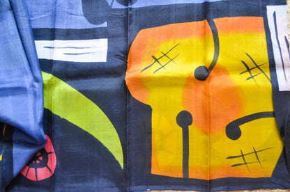 Slate Blue Block Print Pure Silk Handloom Saree