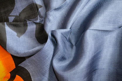 Slate Blue Block Print Pure Silk Handloom Saree