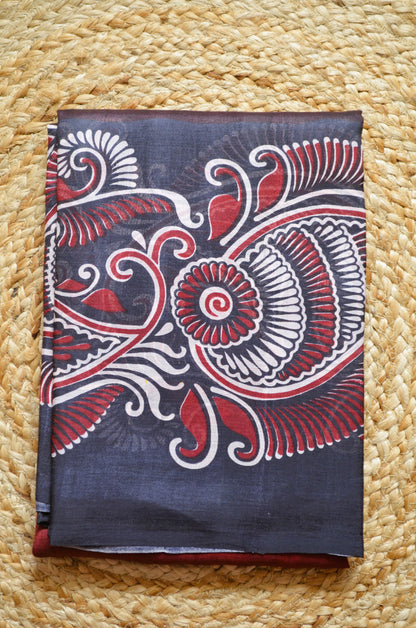 Maroon Block Print Pure Silk Handloom Saree