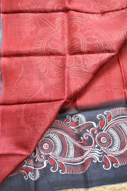 Maroon Block Print Pure Silk Handloom Saree