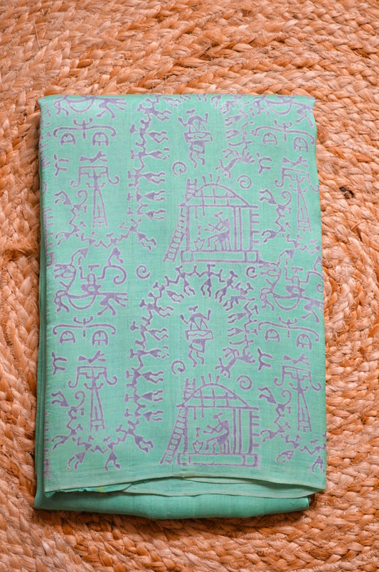 Sea Green Block Print Pure Silk Handloom Saree
