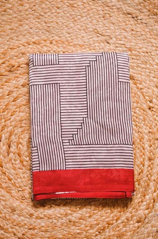 White Block Print Pure Silk Handloom Saree