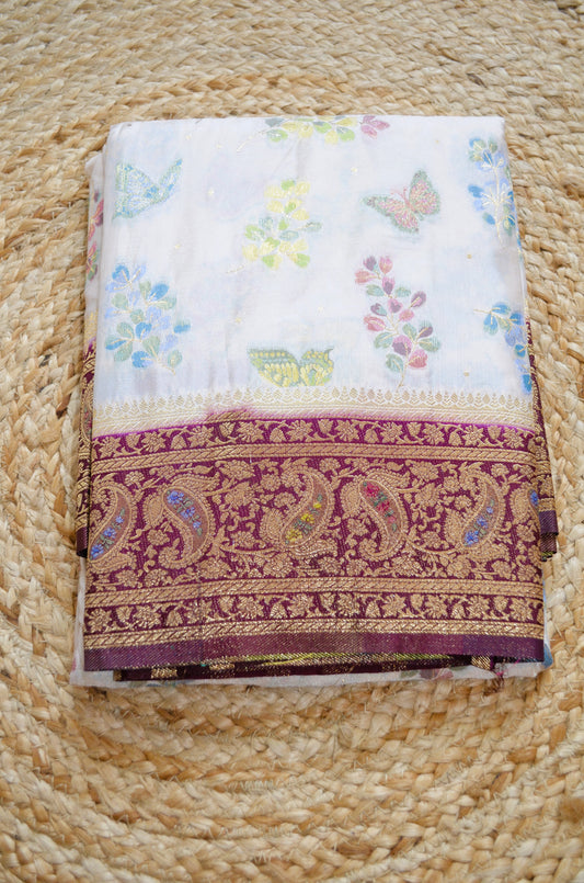 Off White Banarasi Silk Saree with Meenakari