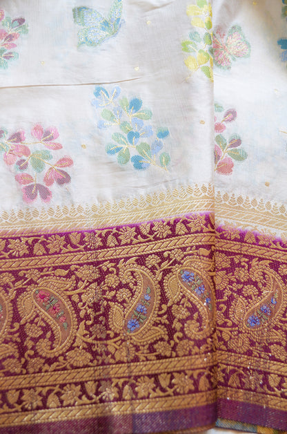 Off White Banarasi Silk Saree with Meenakari
