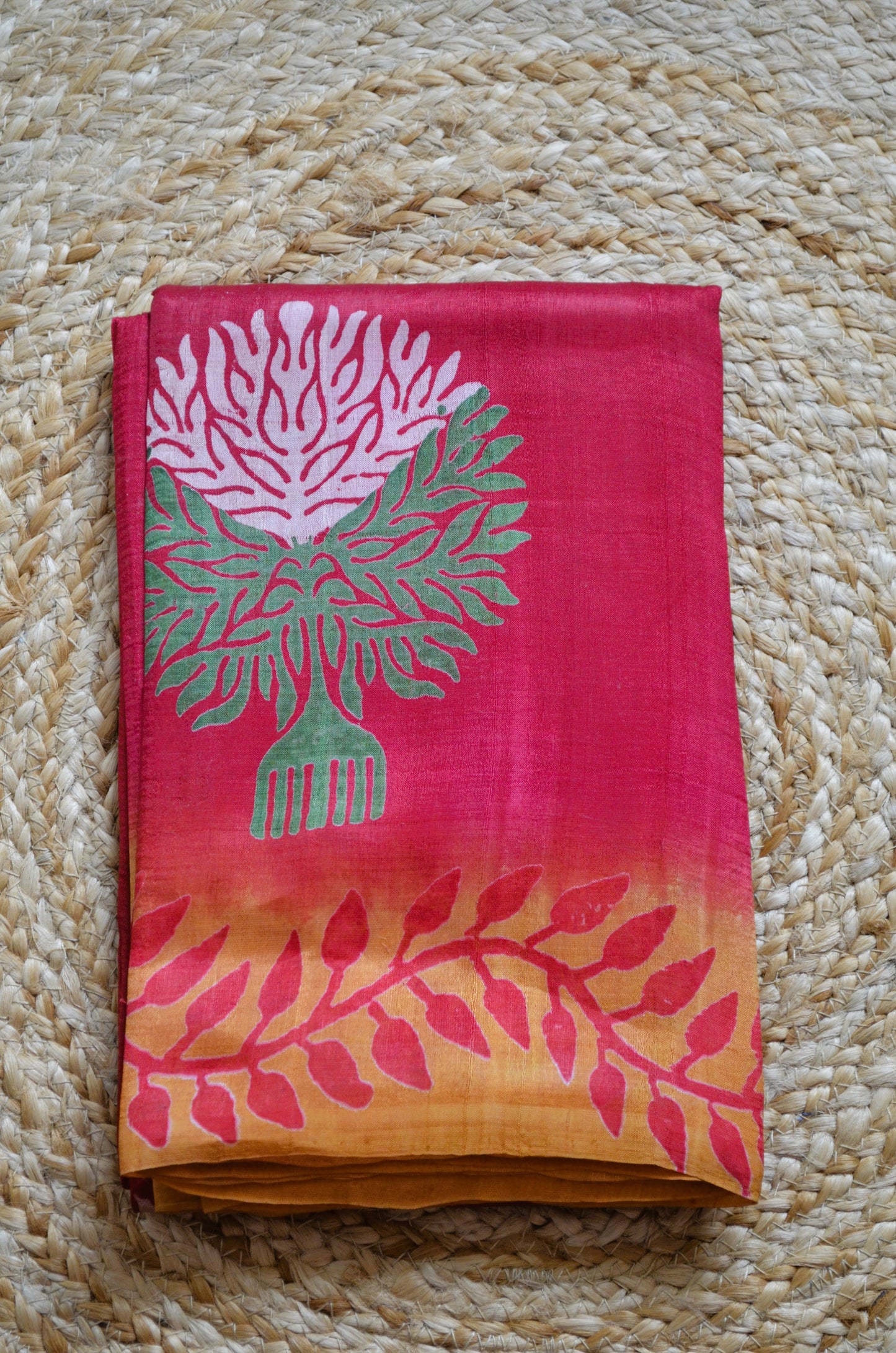 Red Block Print Pure Silk Handloom Saree