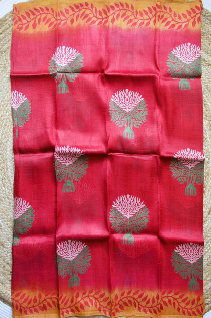 Red Block Print Pure Silk Handloom Saree