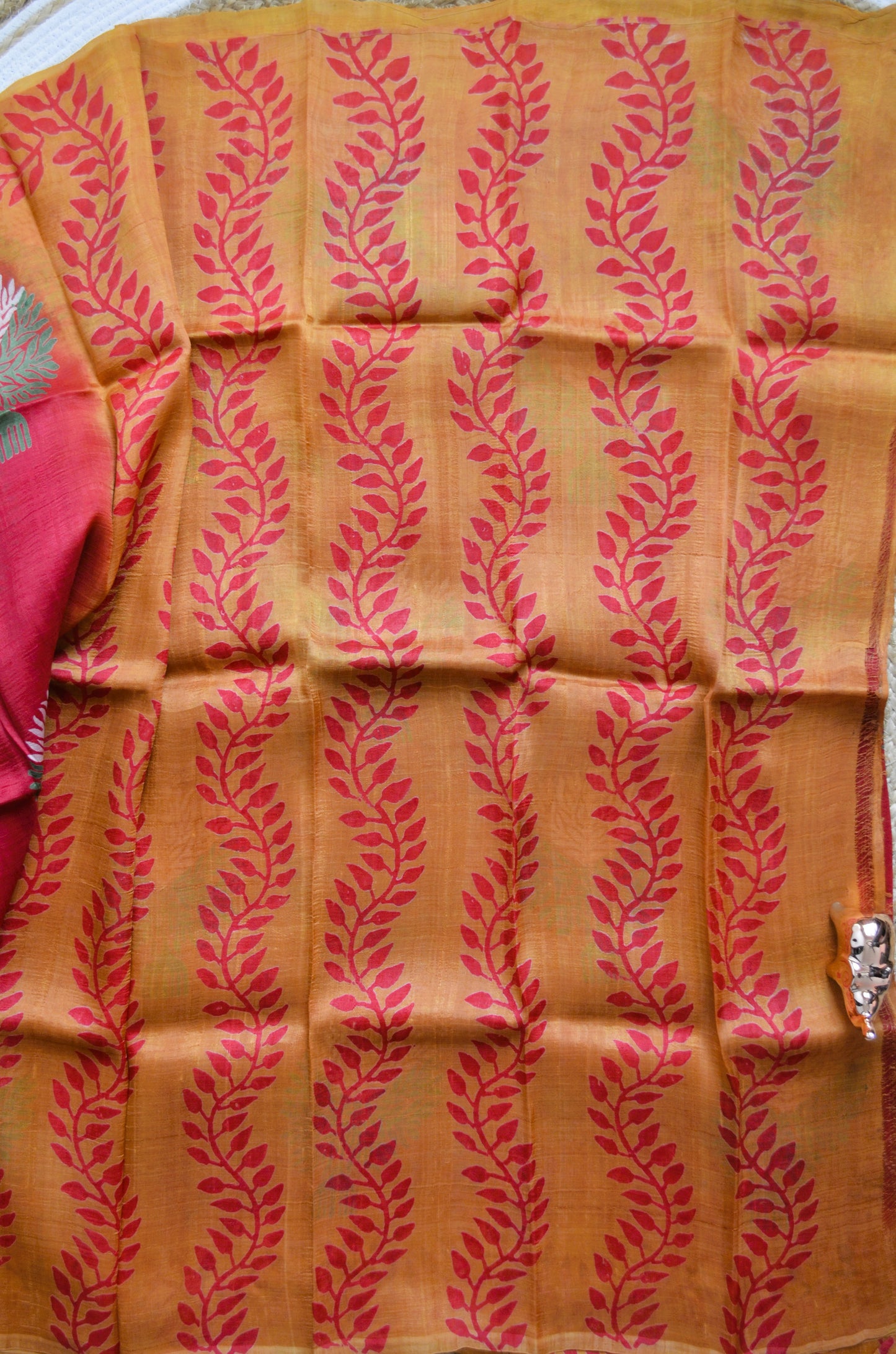 Red Block Print Pure Silk Handloom Saree