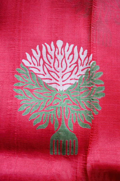 Red Block Print Pure Silk Handloom Saree
