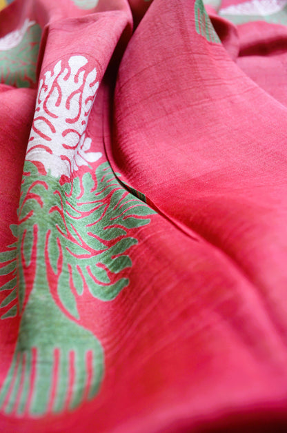 Red Block Print Pure Silk Handloom Saree