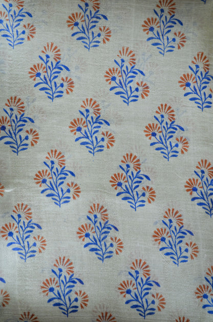 Beige Block Print Pure Silk Handloom Saree