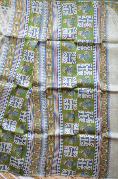 Beige Block Print Pure Silk Handloom Saree