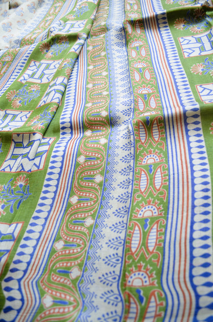 Beige Block Print Pure Silk Handloom Saree