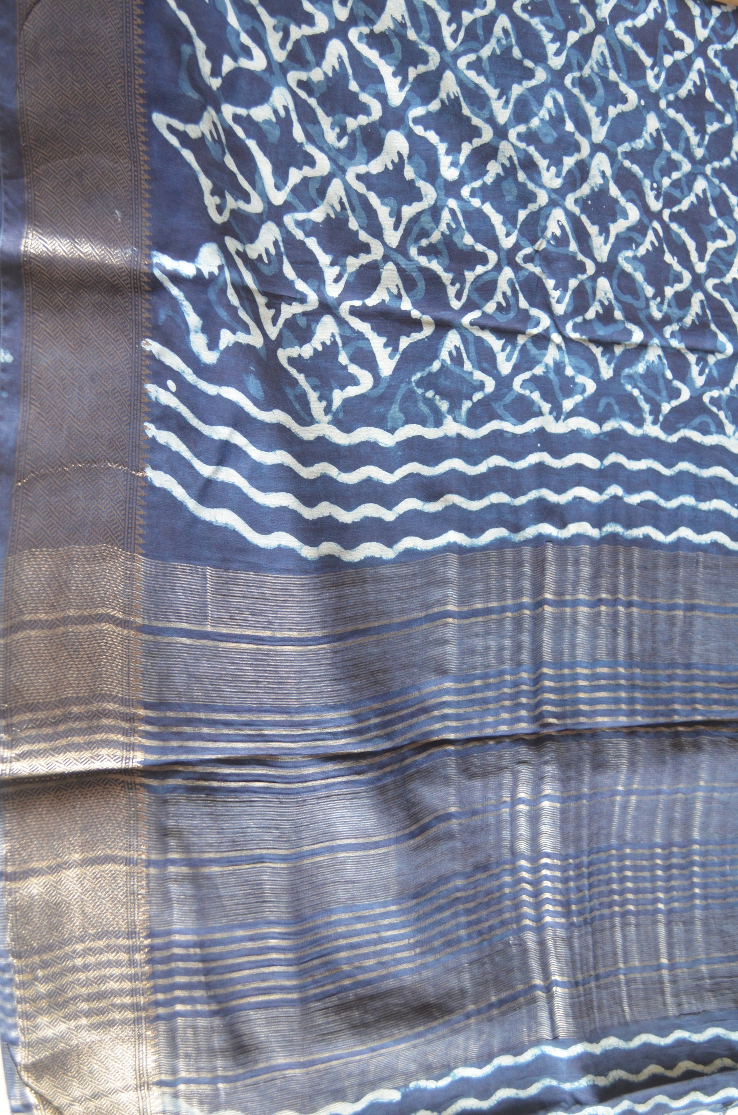 Indigo Maheshwari Dabu Block Print Vegan Silk Handloom Saree