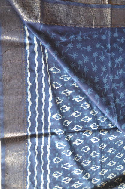 Indigo Maheshwari Dabu Block Print Vegan Silk Handloom Saree