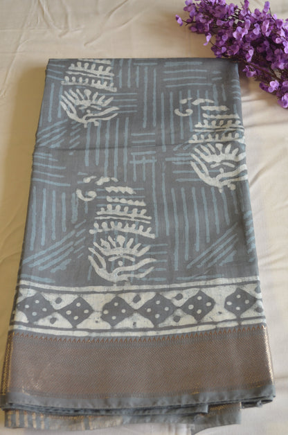 Slate Maheshwari Dabu Block Print Vegan Silk Handloom Saree