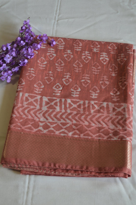 Rust Maheshwari Dabu Block Print Vegan Silk Handloom Saree