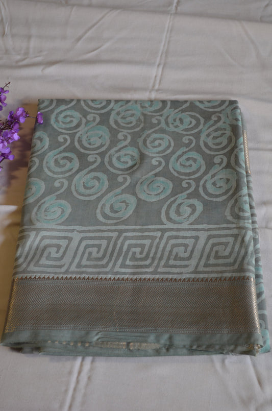 Grey Seafoam Maheshwari Dabu Block Print Vegan Silk Handloom Saree