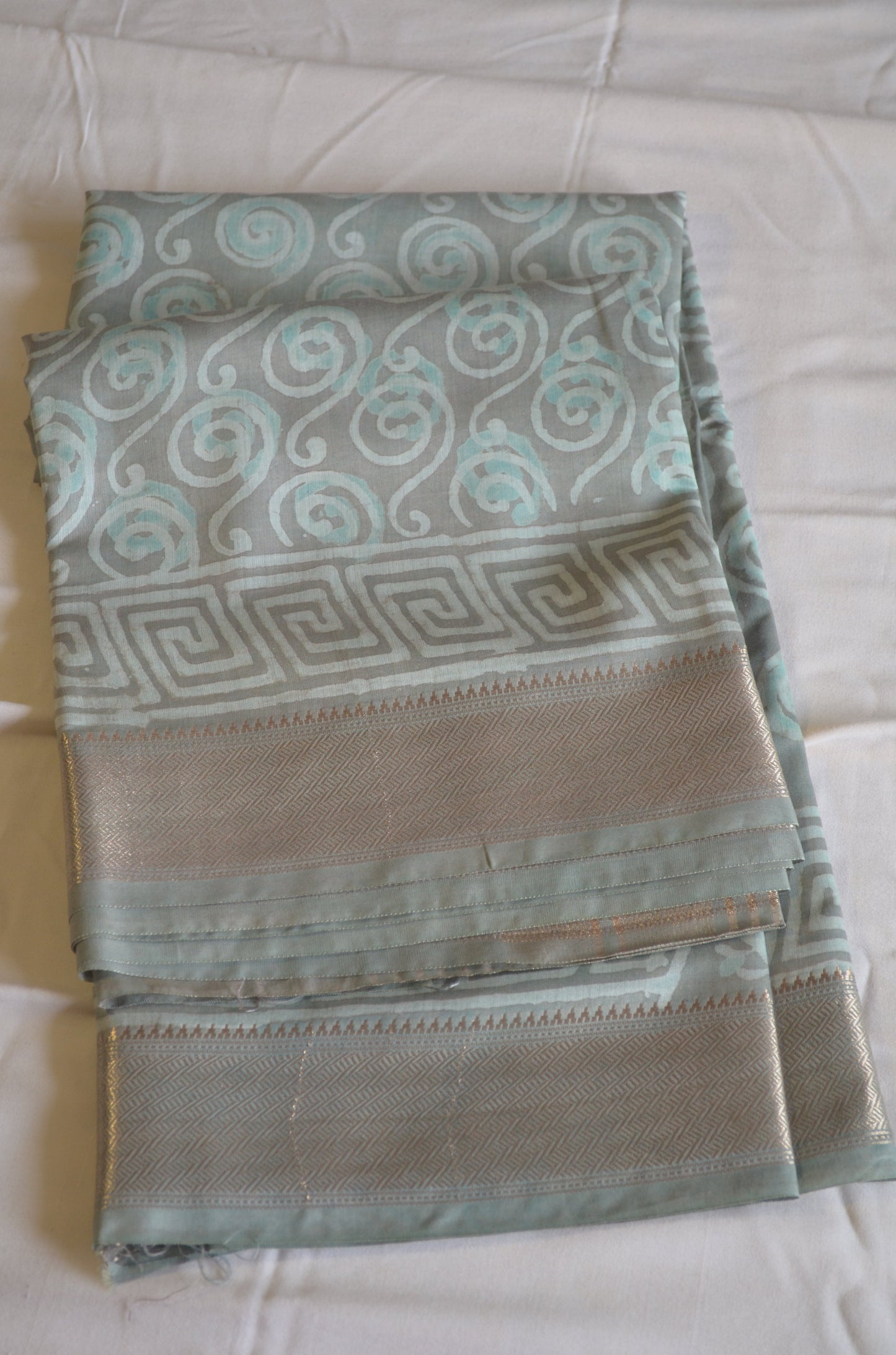 Grey Seafoam Maheshwari Dabu Block Print Vegan Silk Handloom Saree