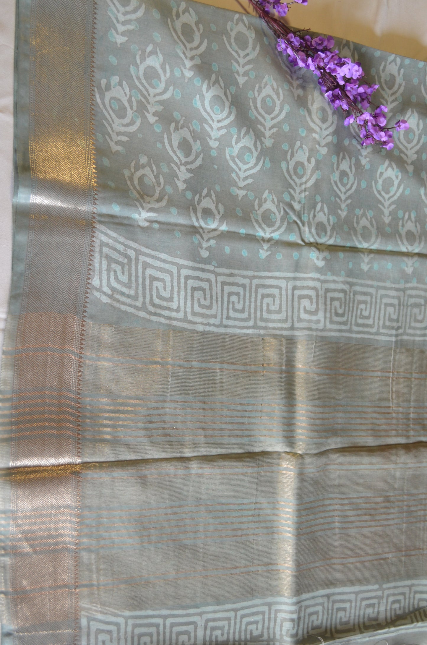 Grey Seafoam Maheshwari Dabu Block Print Vegan Silk Handloom Saree