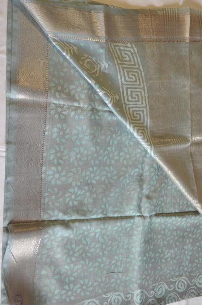 Grey Seafoam Maheshwari Dabu Block Print Vegan Silk Handloom Saree