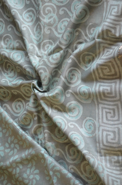 Grey Seafoam Maheshwari Dabu Block Print Vegan Silk Handloom Saree