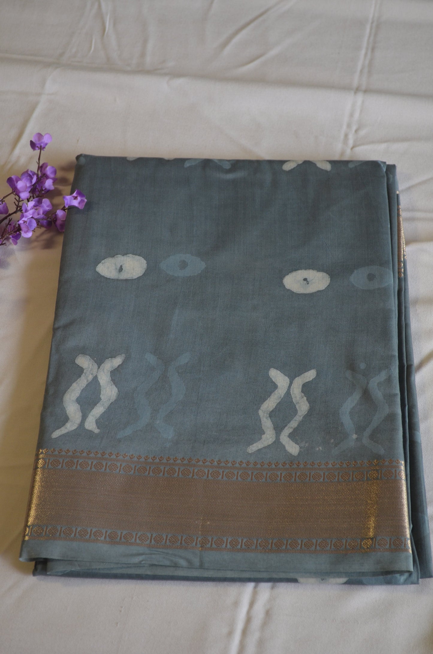 Steel Maheshwari Dabu Block Print Vegan Silk Handloom Saree