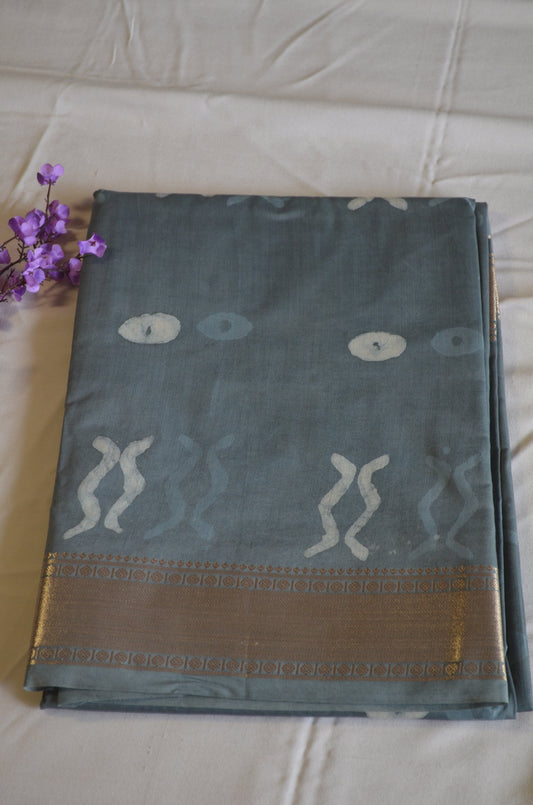 Steel Maheshwari Dabu Block Print Vegan Silk Handloom Saree