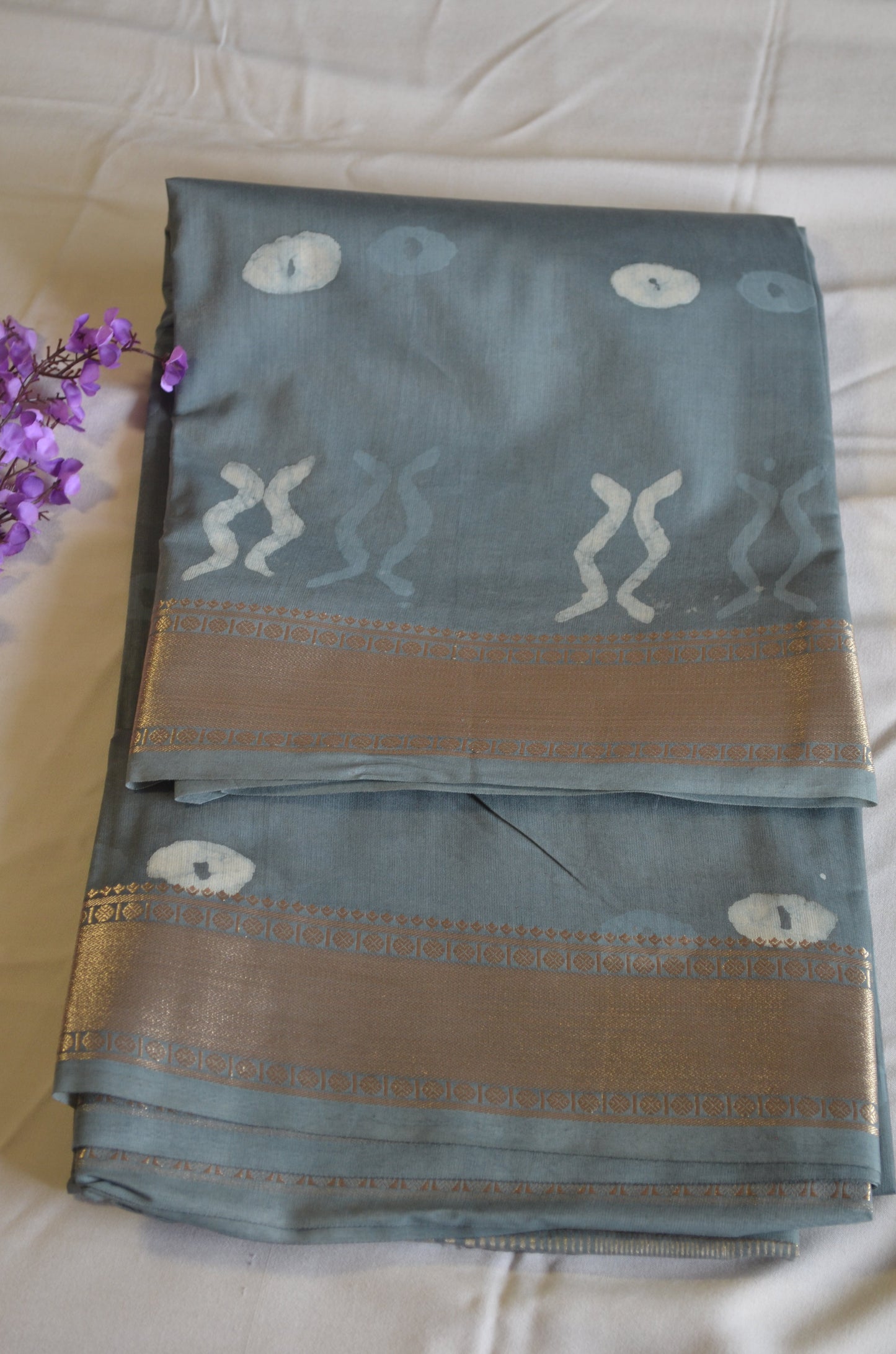 Steel Maheshwari Dabu Block Print Vegan Silk Handloom Saree