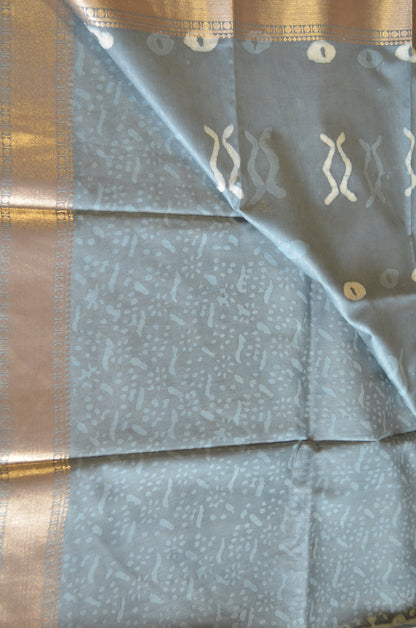Steel Maheshwari Dabu Block Print Vegan Silk Handloom Saree