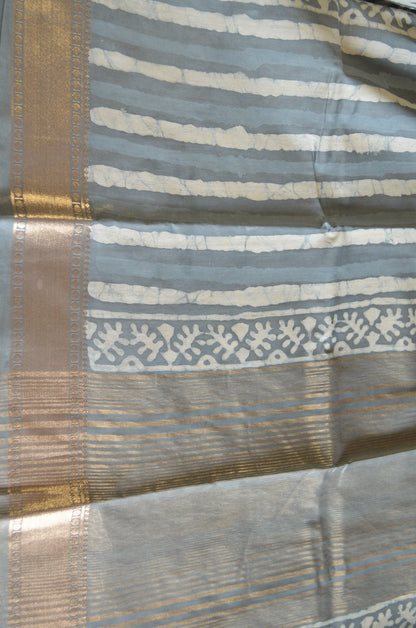 Steel Maheshwari Dabu Block Print Vegan Silk Handloom Saree