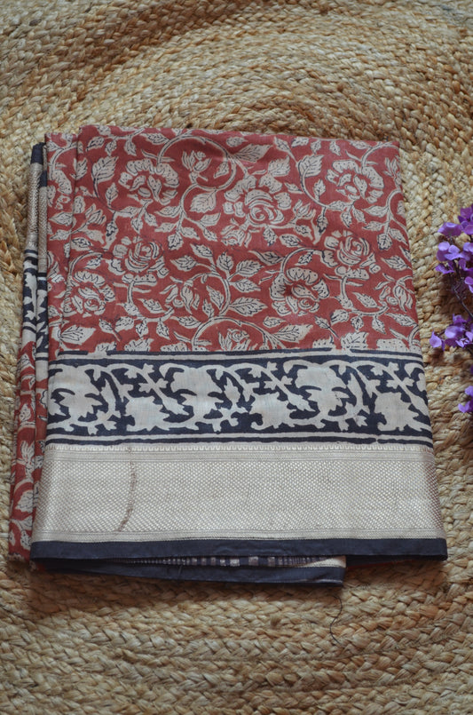 Dark Rust Maheshwari Bagru Block Print Vegan Silk Handloom Saree