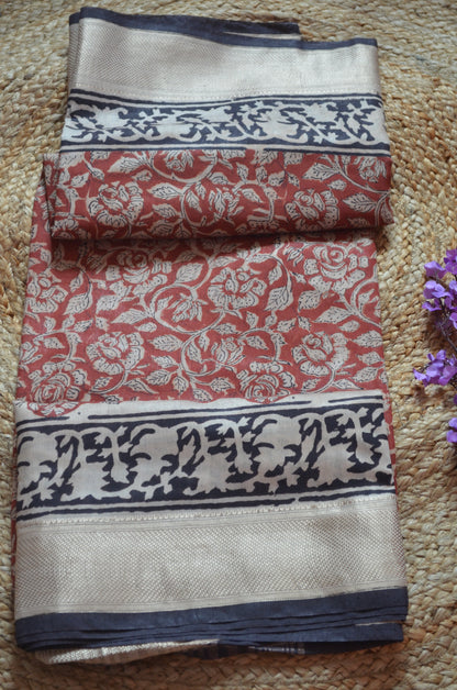 Dark Rust Maheshwari Bagru Block Print Vegan Silk Handloom Saree