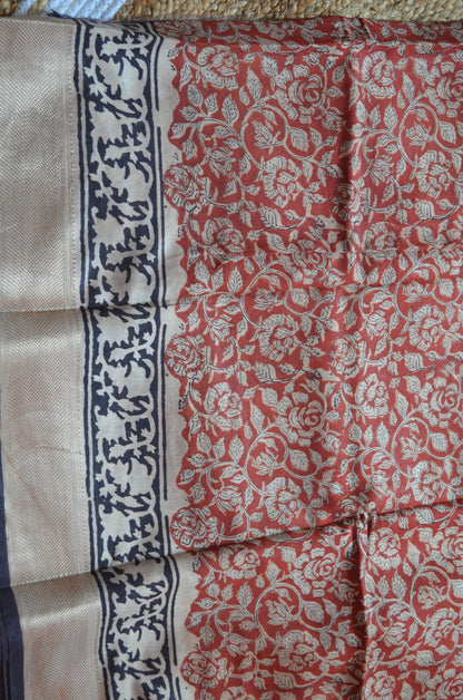 Dark Rust Maheshwari Bagru Block Print Vegan Silk Handloom Saree