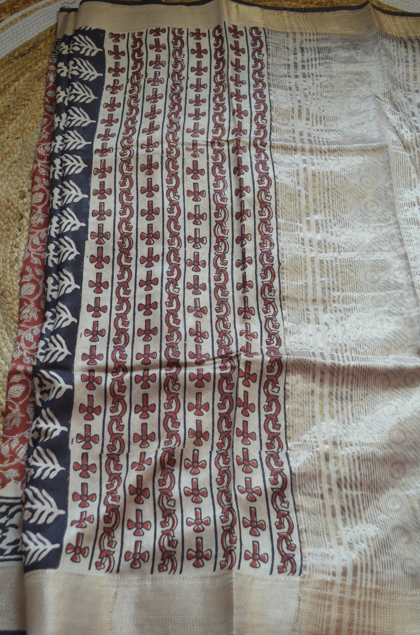 Dark Rust Maheshwari Bagru Block Print Vegan Silk Handloom Saree