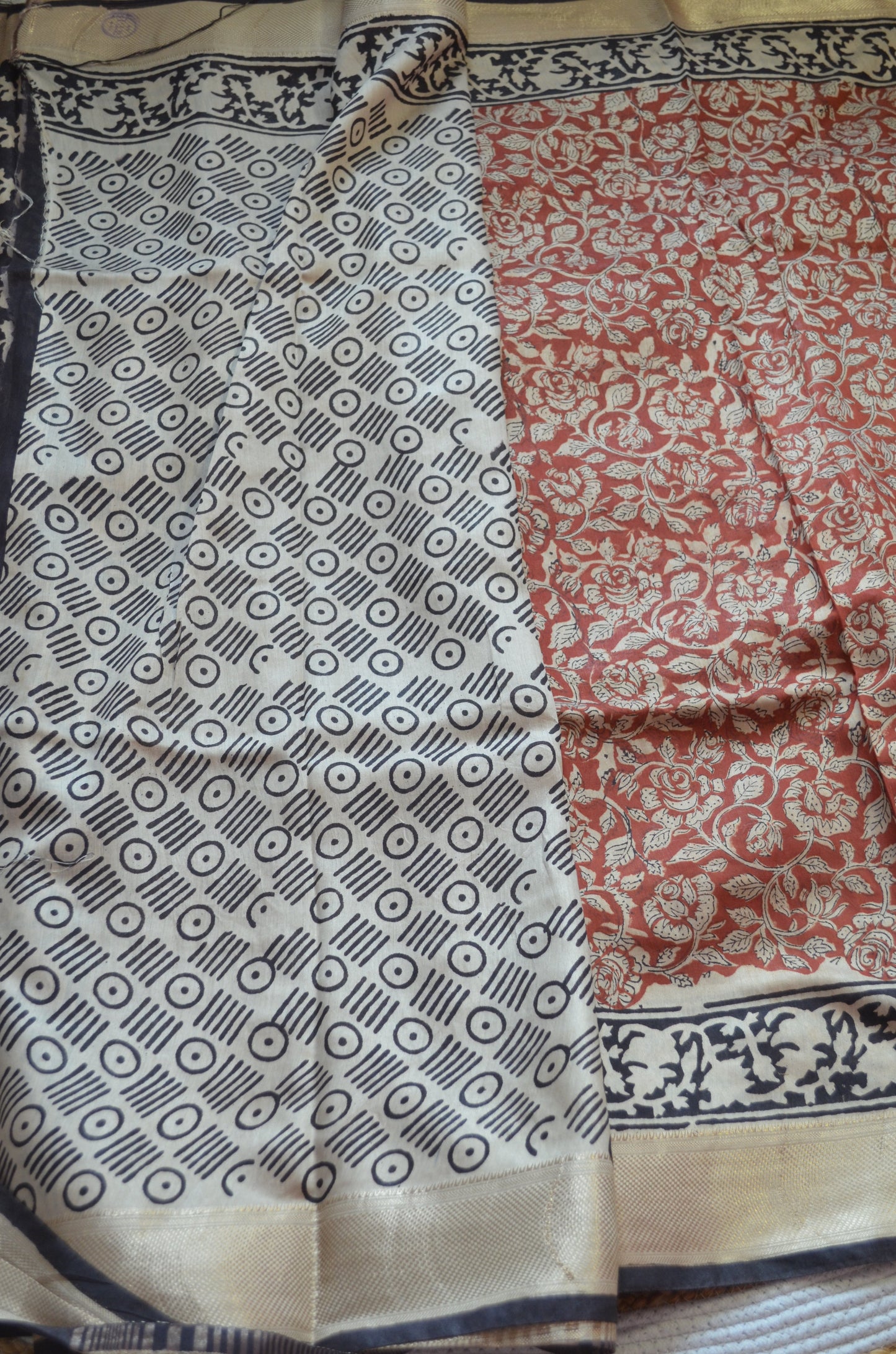 Dark Rust Maheshwari Bagru Block Print Vegan Silk Handloom Saree