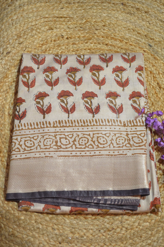 Beige Maheshwari Bagru Block Print Vegan Silk Handloom Saree