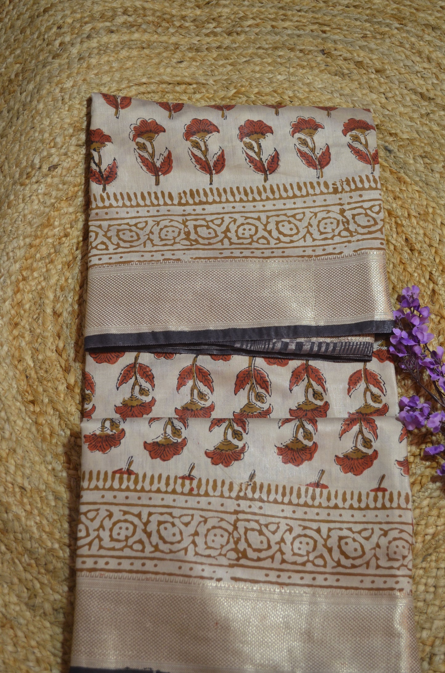Beige Maheshwari Bagru Block Print Vegan Silk Handloom Saree