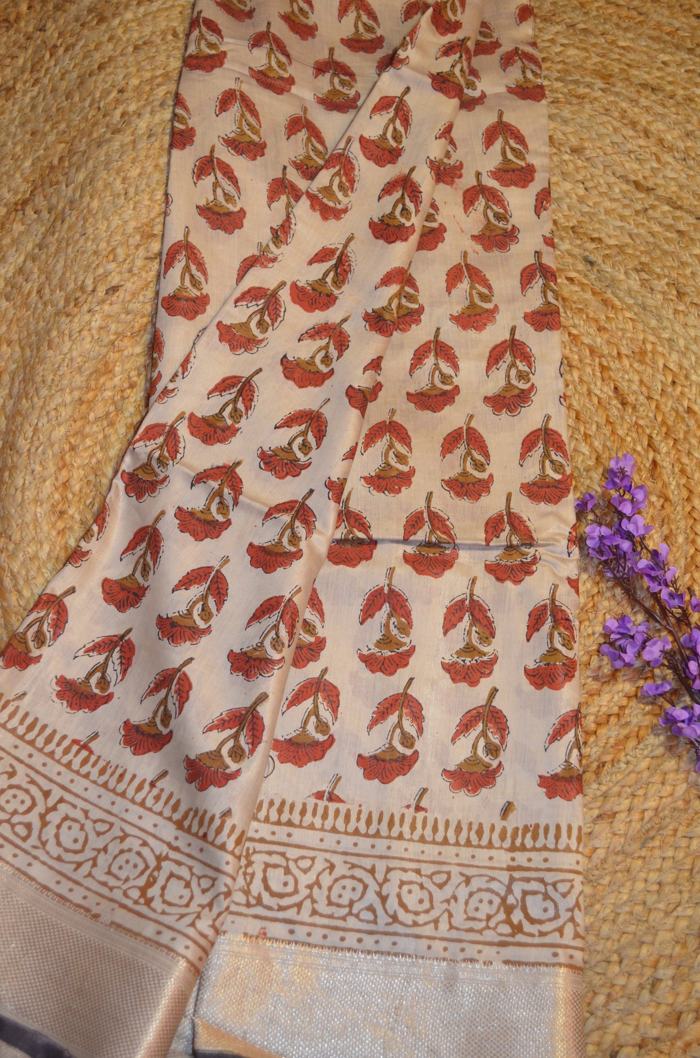 Beige Maheshwari Bagru Block Print Vegan Silk Handloom Saree