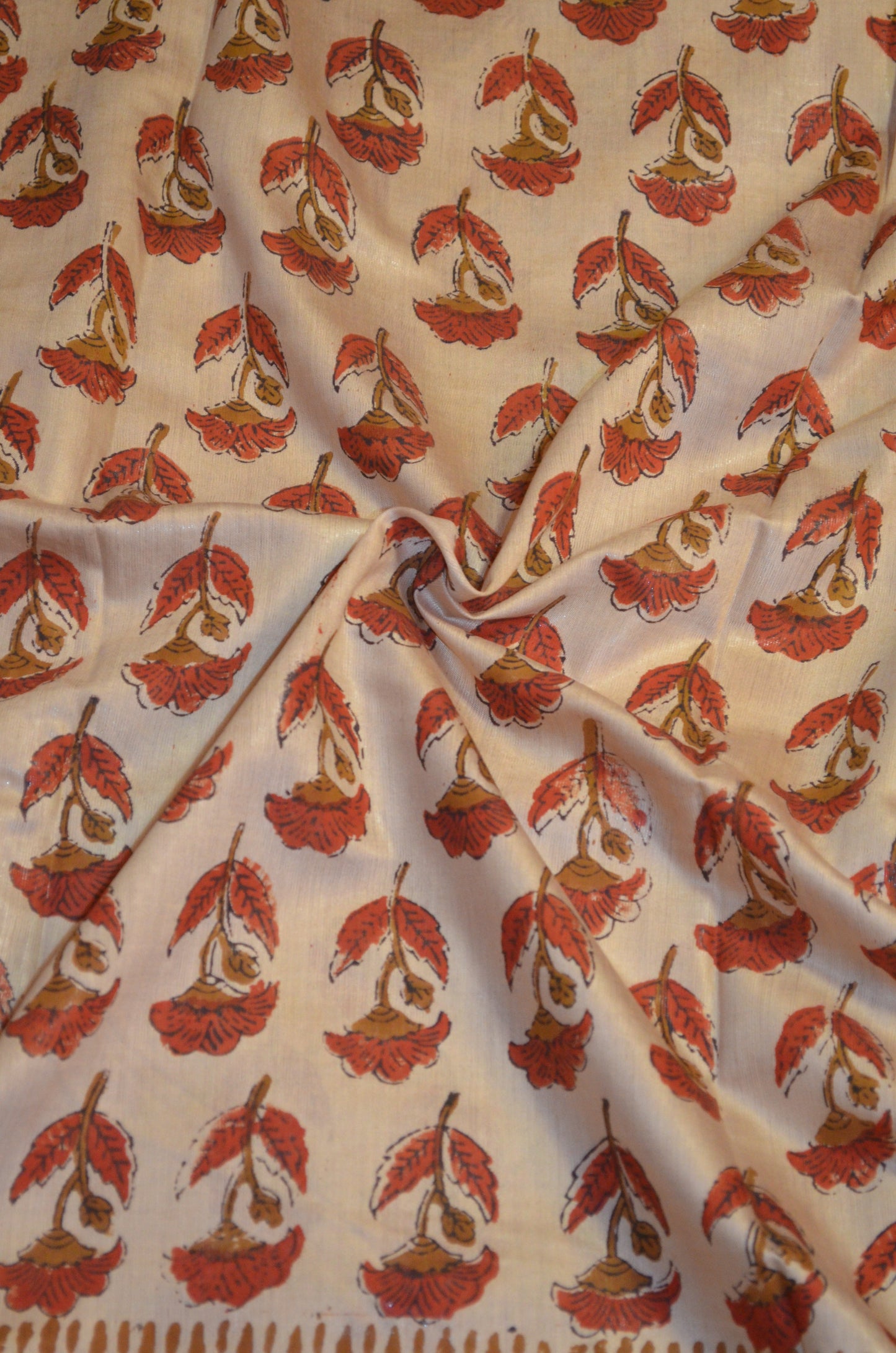 Beige Maheshwari Bagru Block Print Vegan Silk Handloom Saree