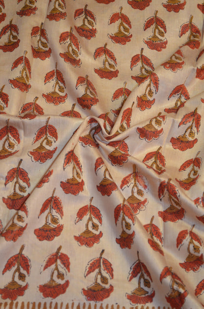 Beige Maheshwari Bagru Block Print Vegan Silk Handloom Saree